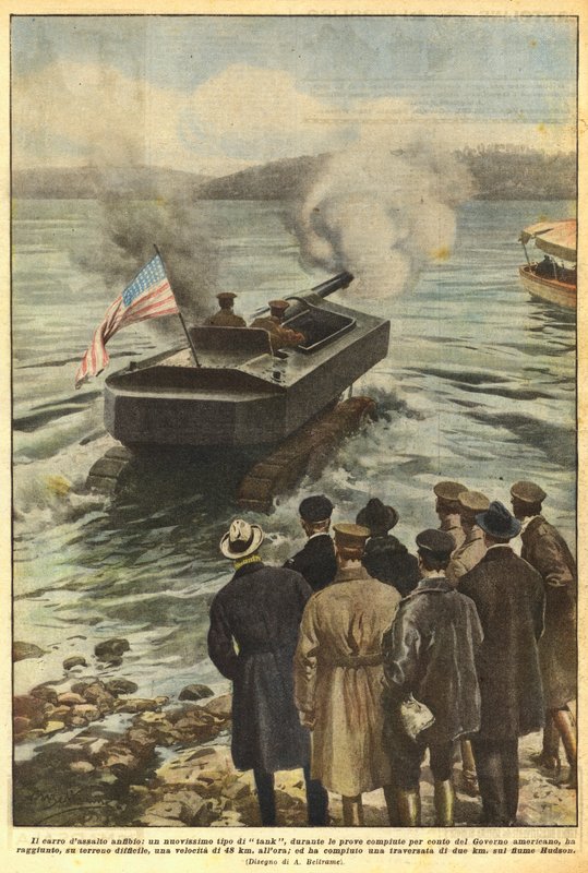 De amfibische tank, een gloednieuw type tank, tijdens de tests uitgevoerd voor de... door Achille Beltrame