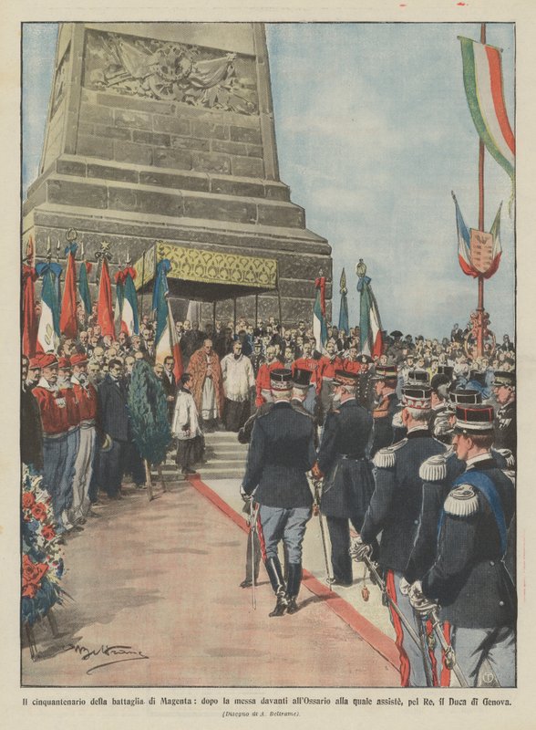 De vijftigste verjaardag van de slag bij Magenta, na de mis voor het ossuarium door Achille Beltrame