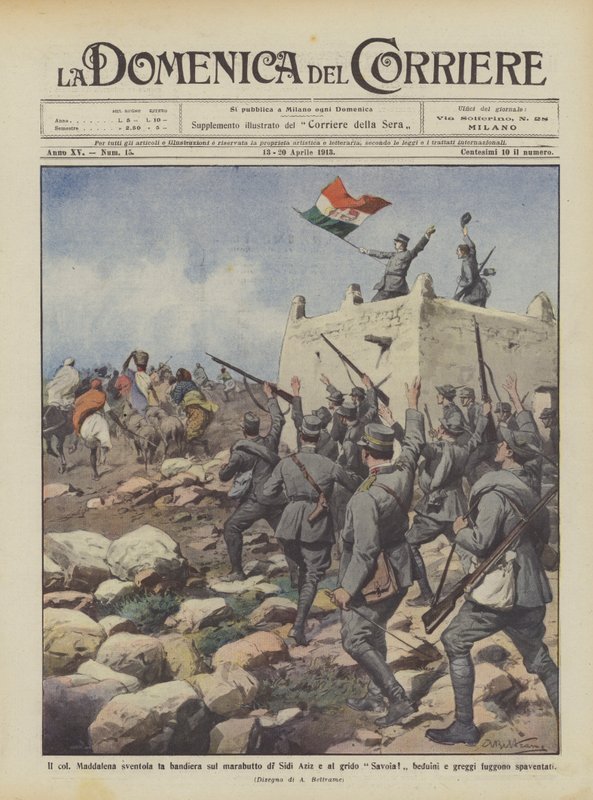 De Col Maddalena zwaait met de vlag op de maraboet van Sidi Aziz en roept Savoia! door Achille Beltrame