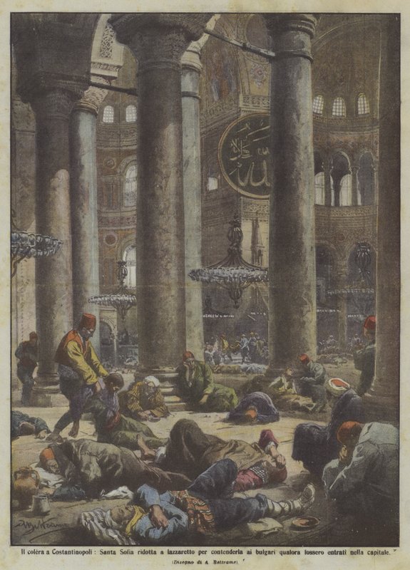 De cholera in Constantinopel, Hagia Sophia omgebouwd tot lazaret om het te beschermen tegen de Bulgaren... door Achille Beltrame
