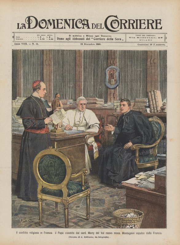 Het religieuze conflict in Frankrijk, de paus bijgestaan door kardinaal Merry del Val ontvangt monseigneur ? door Achille Beltrame