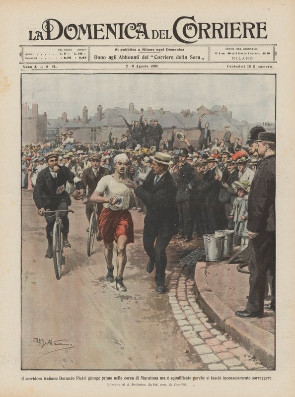 De Italiaanse hardloper Dorando Pietri komt als eerste aan in de marathon maar wordt gediskwalificeerd door Achille Beltrame