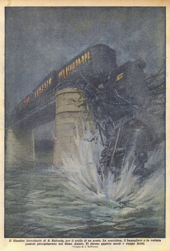 Het treinramp van S Eufemia, door het instorten van een brug door Achille Beltrame