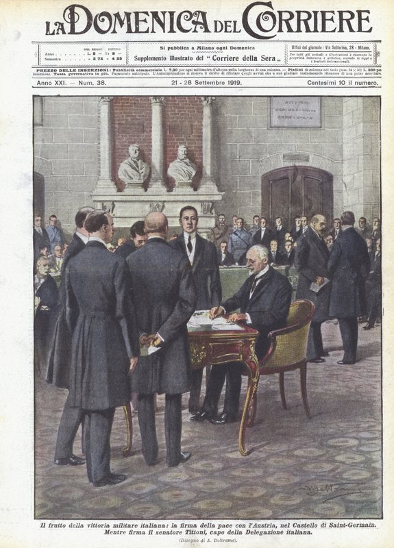 De vrucht van de Italiaanse militaire overwinning, de ondertekening van de vrede met Oostenrijk, in het Kasteel van Saint-Germain door Achille Beltrame