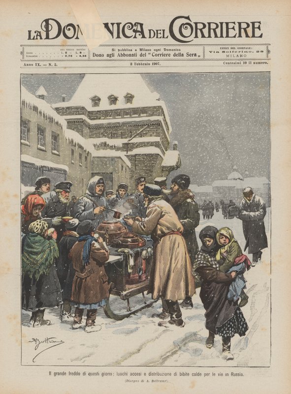 De grote kou van deze dagen, vuren aangestoken en warme dranken uitgedeeld op straat in Rusland door Achille Beltrame