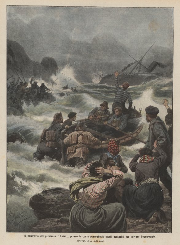 Het schipbreuk van het stoomschip Luisa bij de Portugese kust, vergeefse pogingen om de bemanning te redden door Achille Beltrame