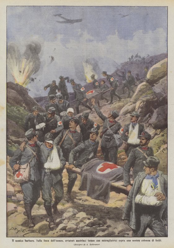 De barbaarse vijand, aan de Isonzo-linie, Oostenrijkse piloten schieten met machinegeweren op een door Achille Beltrame
