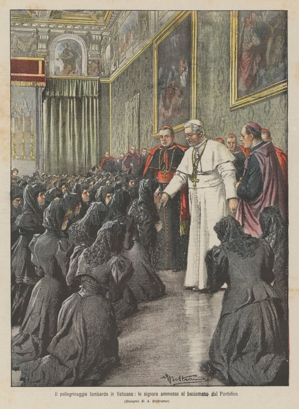 De Lombardische pelgrimage naar het Vaticaan, de dames toegelaten tot de handkus van de paus door Achille Beltrame