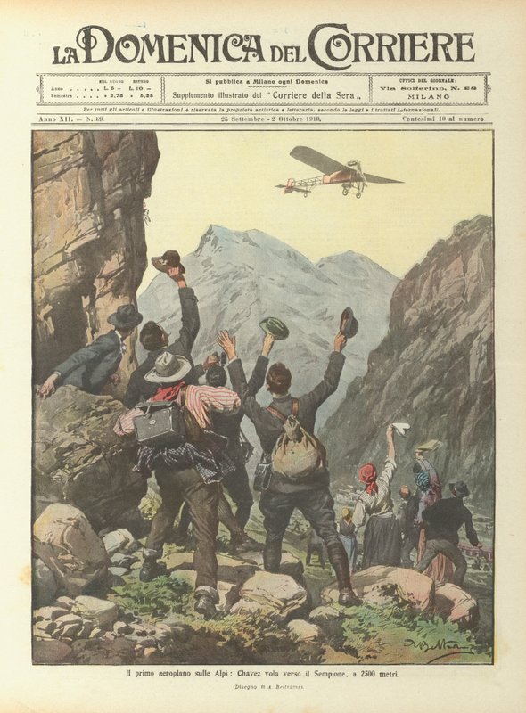 Het eerste vliegtuig over de Alpen, Chavez vliegt richting de Simplon, op 2500 meter door Achille Beltrame