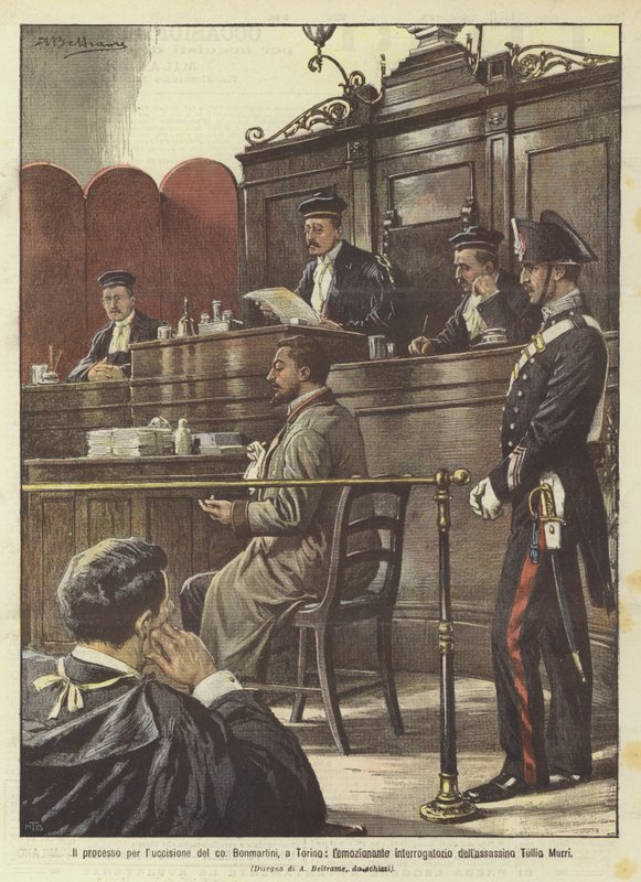 Het proces voor de moord op graaf Bonmartini, in Turijn, het emotionele verhoor van de moordenaar Tullio Murri door Achille Beltrame