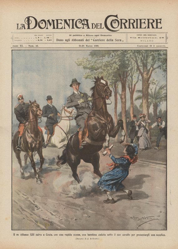 Koning Alfonso XIII redt in Ceuta met een snelle beweging een meisje dat onder zijn paard was gevallen door Achille Beltrame