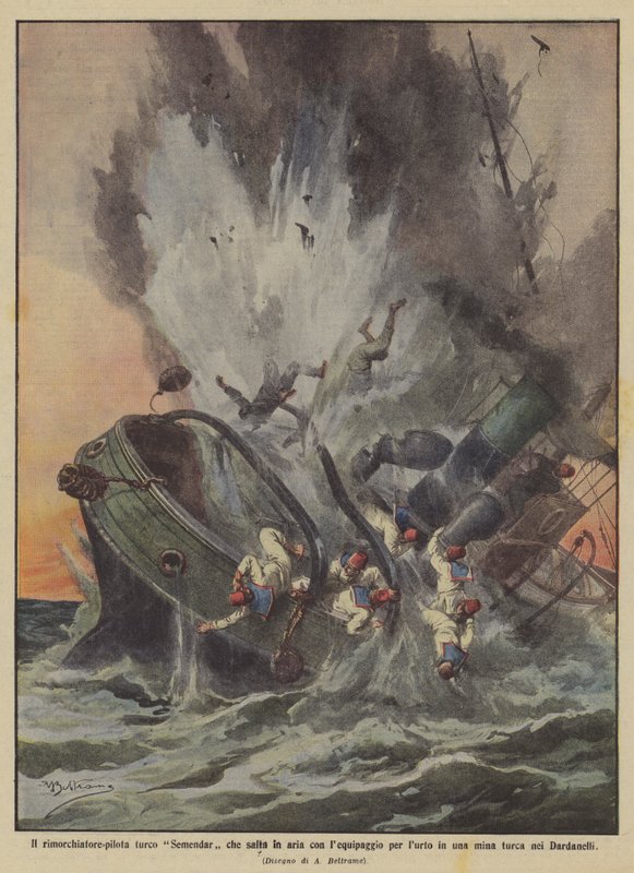 De Turkse sleepboot-piloot Semendar die met de bemanning de lucht in vliegt door een mijnbotsing ? door Achille Beltrame