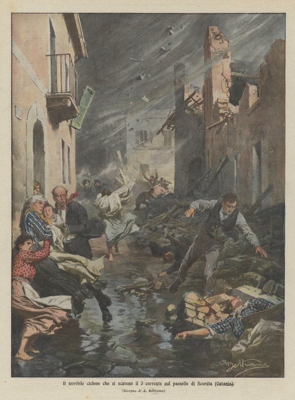 De verschrikkelijke cycloon die op de 3e van deze maand losbarstte over het dorp Scordia (Catania) door Achille Beltrame