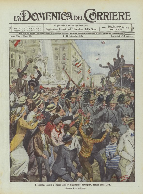 De triomfantelijke aankomst in Napels van het 11e Bersaglieri Regiment, teruggekeerd uit Libië door Achille Beltrame