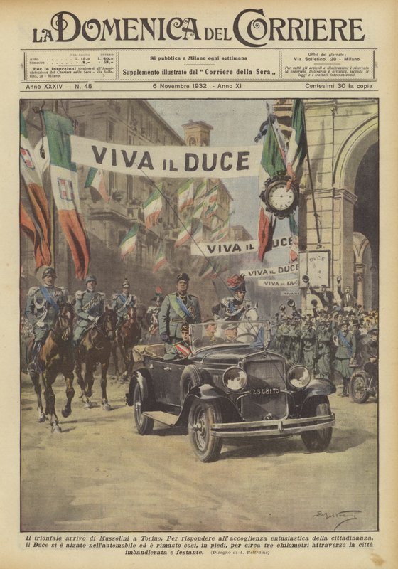 De triomfantelijke aankomst van Mussolini in Turijn door Achille Beltrame