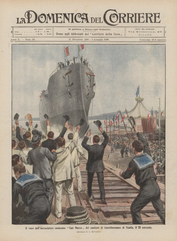 De tewaterlating van de gepantserde kruiser San Marco van de werf van Castellammare di Stabia, op 20 mei door Achille Beltrame