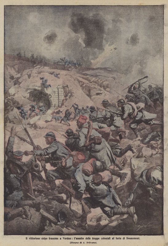De succesvolle Franse aanval op Verdun, de aanval van de koloniale troepen op het fort van Douaumont door Achille Beltrame