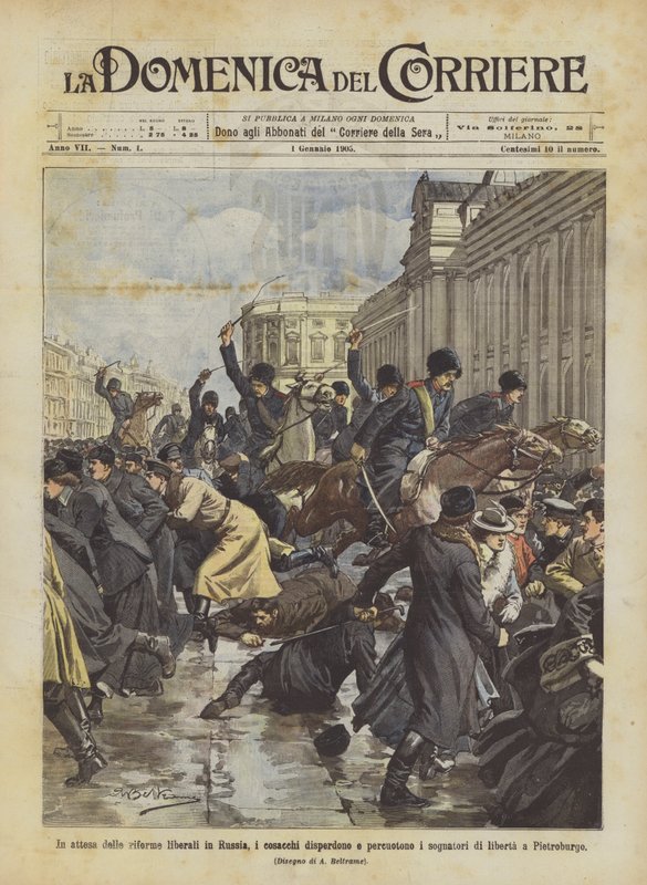 In afwachting van de liberale hervormingen in Rusland, verdrijven en slaan de Kozakken de vrijheidsdromers in Sint-Petersburg door Achille Beltrame
