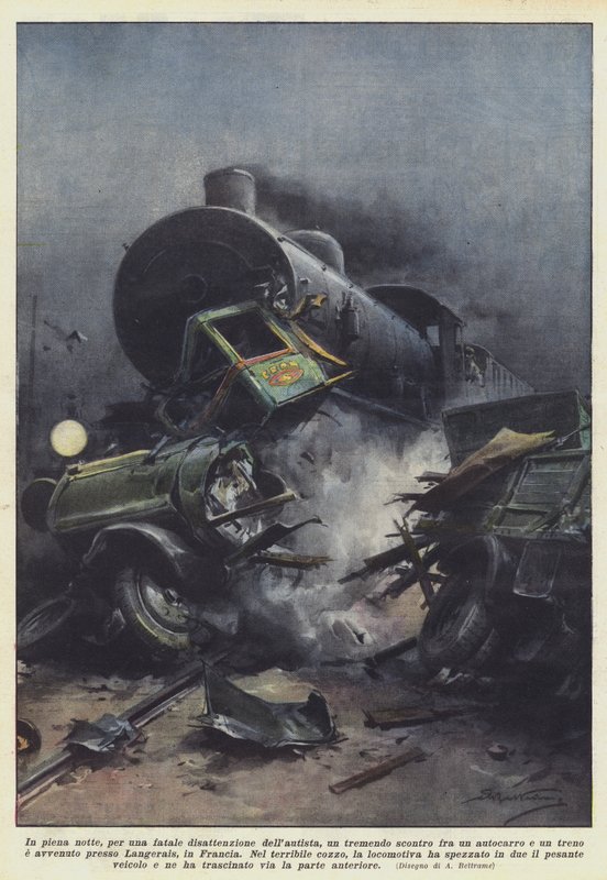In het holst van de nacht, door een fatale onoplettendheid van de chauffeur, een vreselijke botsing tussen een vrachtwagen door Achille Beltrame