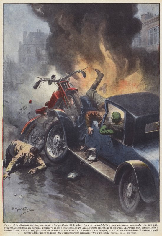 Een zeer gewelddadige botsing aan de rand van Londen tussen een motorfiets en een ? door Achille Beltrame