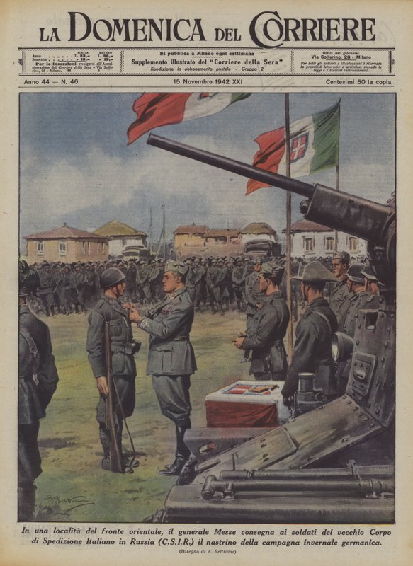 In een plaats aan het oostfront, generaal Messe overhandigt aan de soldaten van het oude Korps ? door Achille Beltrame