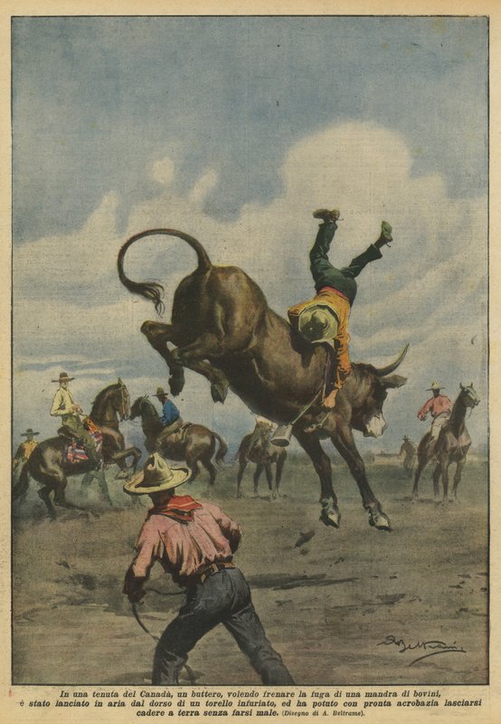 Op een landgoed in Canada probeert een cowboy een kudde runderen te stoppen door Achille Beltrame