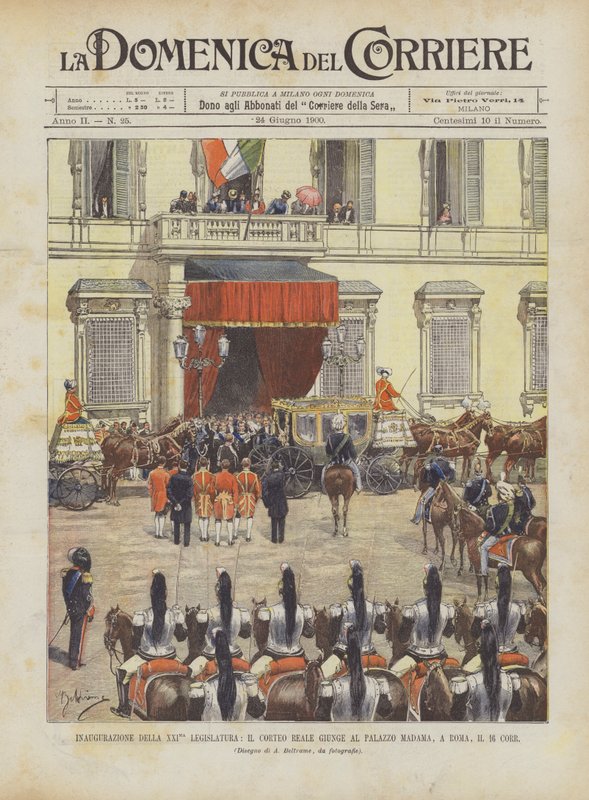 Inhuldiging van de XXIste Wetgevende Macht, De Koninklijke Stoet Arriveert bij het Palazzo Madama in Rome, op de 16e Corr door Achille Beltrame