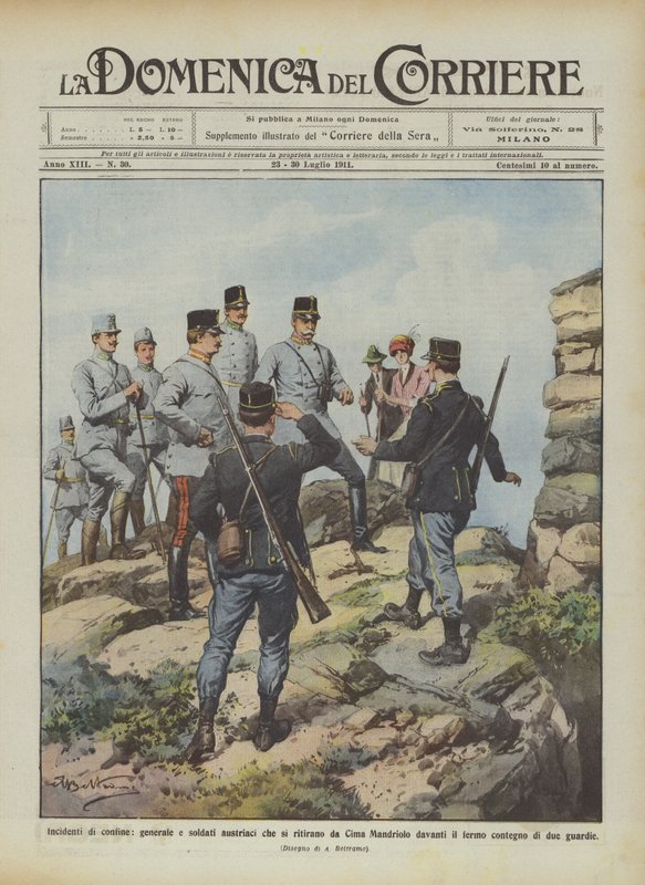 Grensincidenten, generaal en Oostenrijkse soldaten die zich terugtrekken van Cima Mandriolo door Achille Beltrame