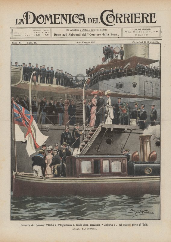 Ontmoeting van de koningen van Italië en Engeland aan boord van het slagschip Umberto I in de kleine haven van Baja door Achille Beltrame