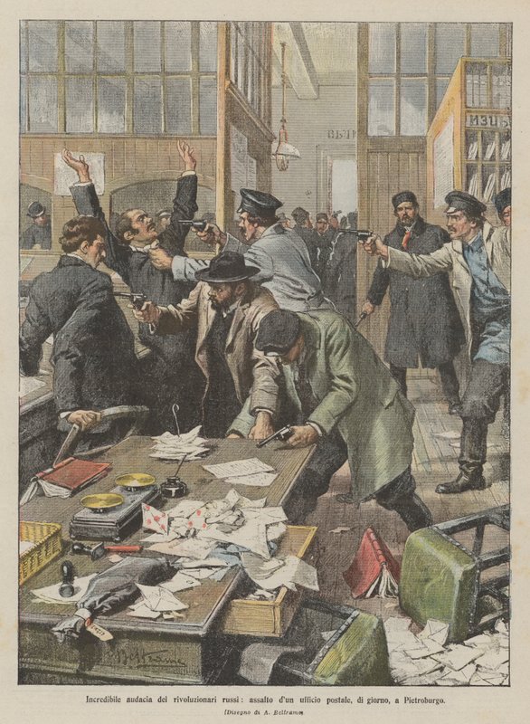 Ongelooflijke moed van de Russische revolutionairen, aanval op een postkantoor overdag in Sint-Petersburg door Achille Beltrame