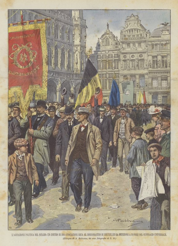 De Politieke Onrust In België, Een Optocht Van 300 Verenigingen Brengt Een Bericht Aan De Burgemeester Van Brussel door Achille Beltrame