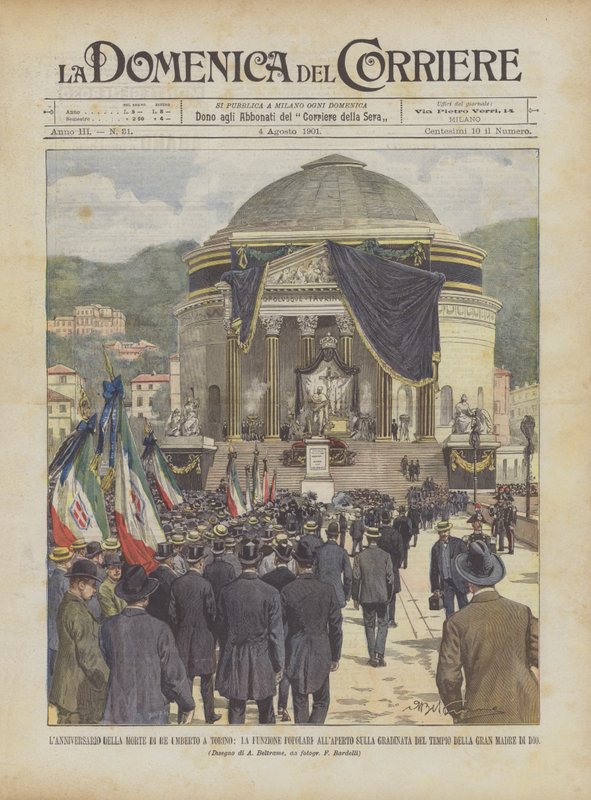 De verjaardag van de dood van koning Umberto in Turijn, de populaire functie buiten op de trap door Achille Beltrame