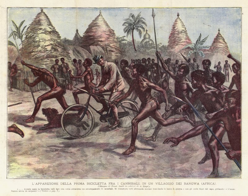 De verschijning van de eerste fiets onder de kannibalen, in een dorp van de Bangwa (Afrika) door Achille Beltrame