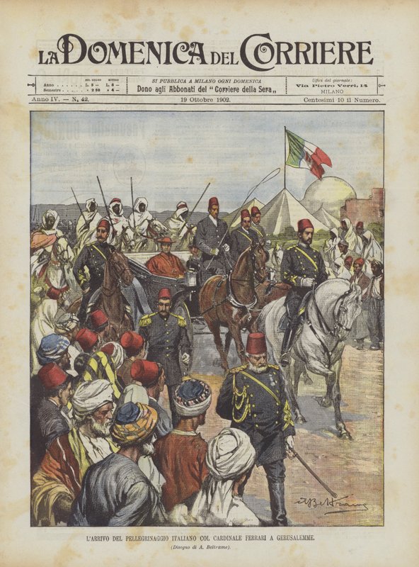 De aankomst van de Italiaanse pelgrimage met kardinaal Ferrari in Jeruzalem door Achille Beltrame