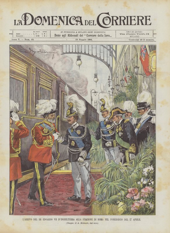 De aankomst van koning Edward VII van Engeland op het station van Rome in de namiddag van 27 april door Achille Beltrame