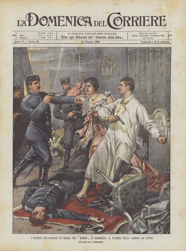 De moord op de koningen van Servië in het Konak van Belgrado, het drama in de slaapkamer door Achille Beltrame