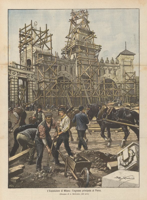 De tentoonstelling van Milaan, de hoofdingang van het park door Achille Beltrame