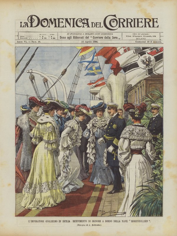 Keizer Wilhelm in Sicilië, ontvangst van dames aan boord van het schip Hohenzollern door Achille Beltrame