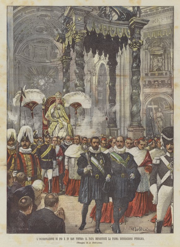 De kroning van Pius X in de Sint-Pieter, de paus geeft de eerste openbare zegen door Achille Beltrame