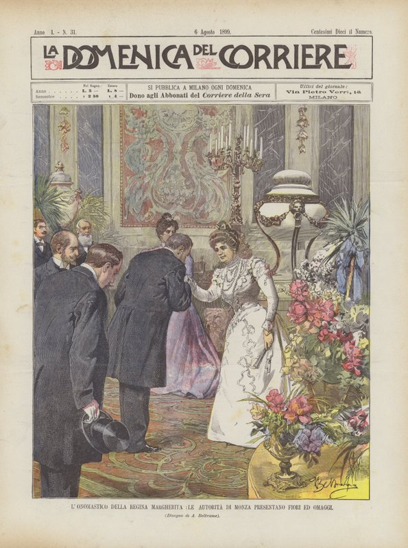 De naamdag van koningin Margherita, de autoriteiten van Monza presenteren bloemen en eerbetoon door Achille Beltrame