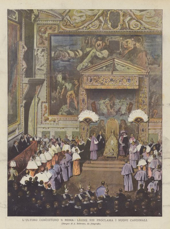 Het laatste consistorie in Rome, Leo XIII proclameert de nieuwe kardinalen door Achille Beltrame