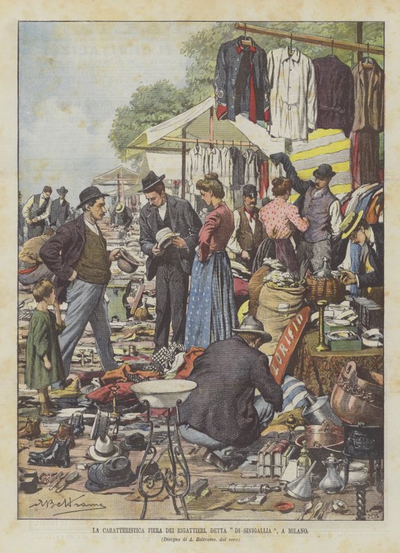 De karakteristieke rommelmarkt, genaamd Sinigallia in Milaan door Achille Beltrame