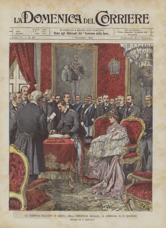 De ceremonie van de geboorteakte van prinses Mafalda in het Quirinaal op 23 november door Achille Beltrame