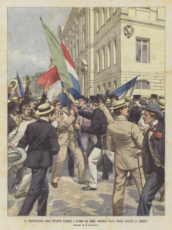 De demonstratie van Parijse studenten ten gunste van de Boeren, verspreid door de politie voor de Sorbonne door Achille Beltrame