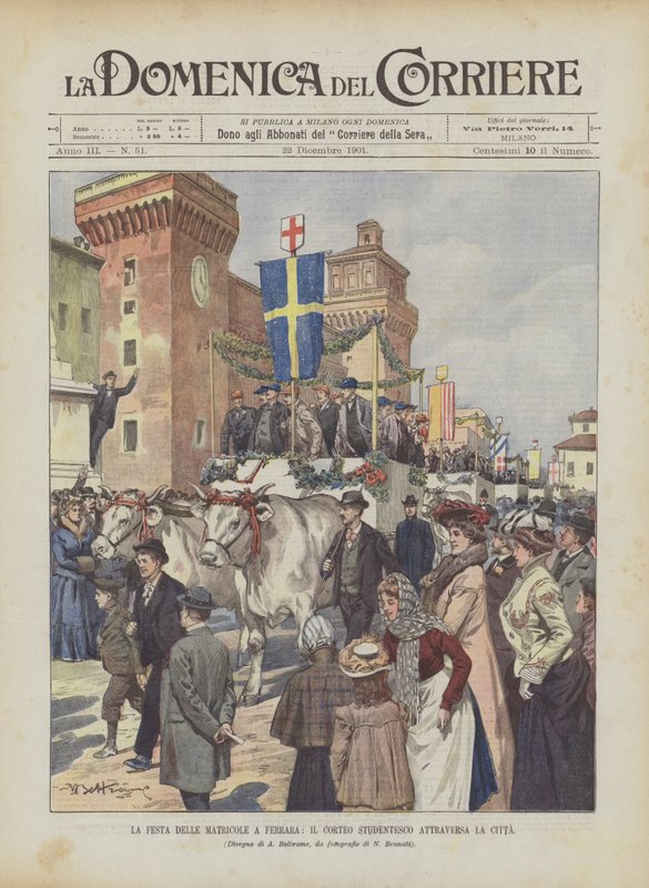Het feest van de eerstejaarsstudenten in Ferrara, de studentenoptocht trekt door de stad door Achille Beltrame