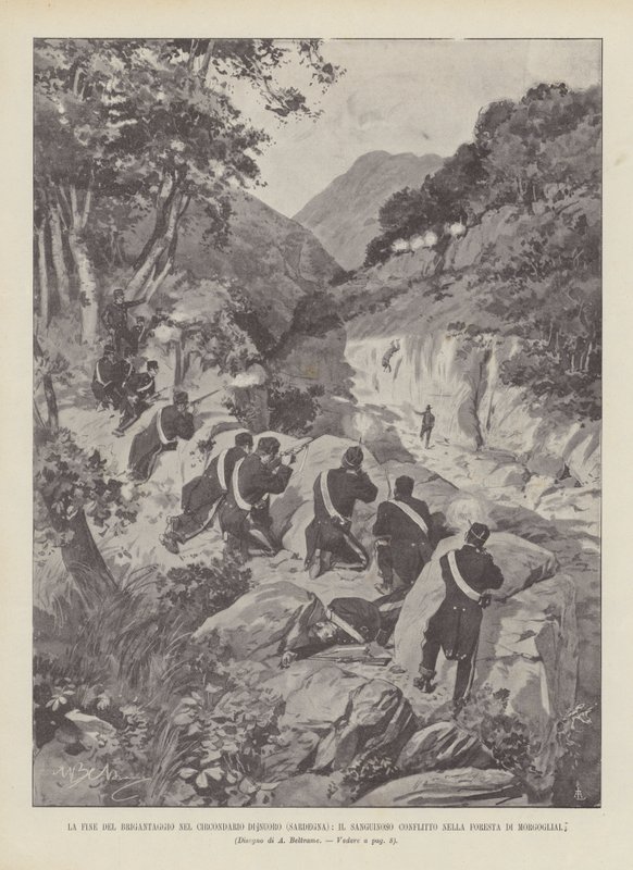 Het einde van de banditisme in het district Nuoro (Sardinië), het bloedige conflict in het Morgogliai-bos door Achille Beltrame