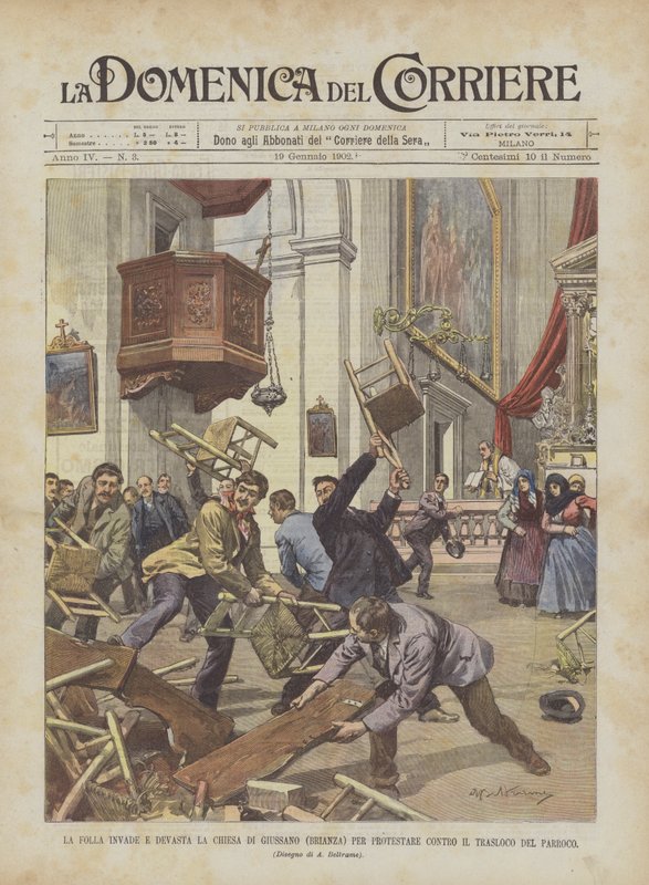 De menigte bestormt en verwoest de kerk van Giussano (Brianza) om te protesteren tegen de verhuizing van de pastoor door Achille Beltrame