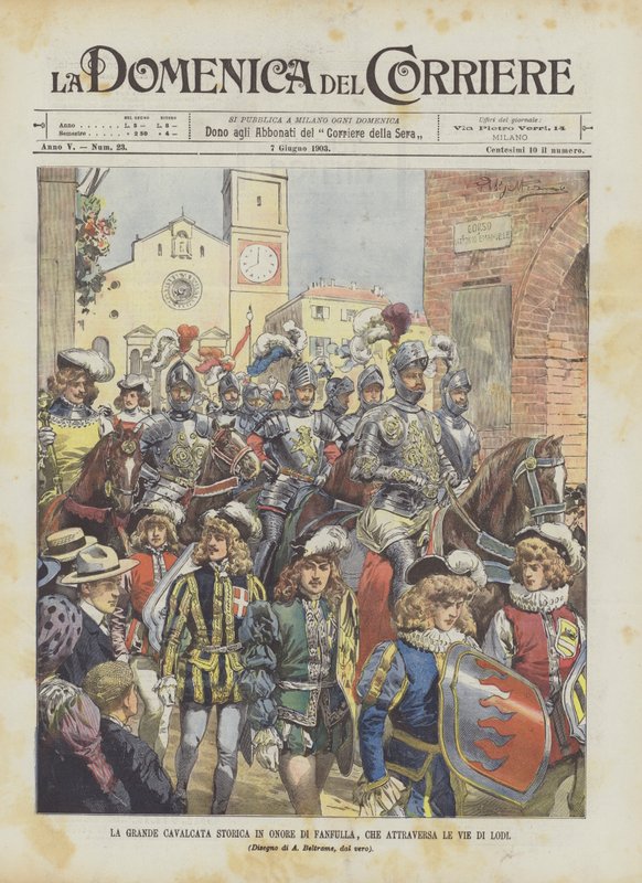 De grote historische optocht ter ere van Fanfulla, die door de straten van Lodi trekt door Achille Beltrame