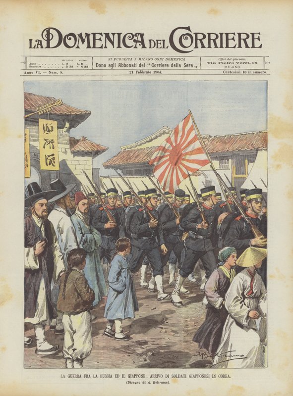 De oorlog tussen Rusland en Japan, aankomst van Japanse soldaten in Korea door Achille Beltrame