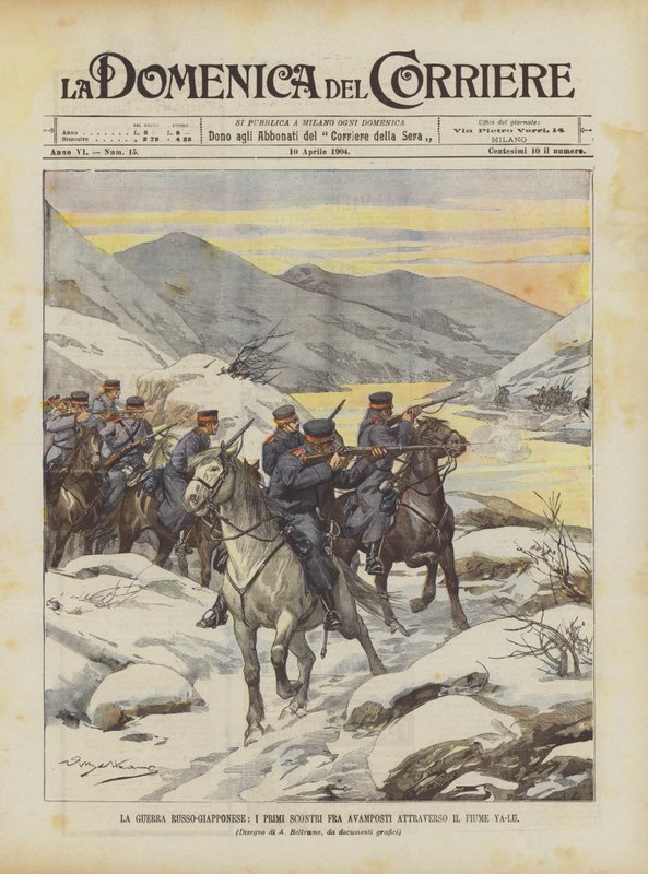De Russisch-Japanse oorlog, de eerste gevechten tussen voorposten over de Ya-Lu rivier door Achille Beltrame